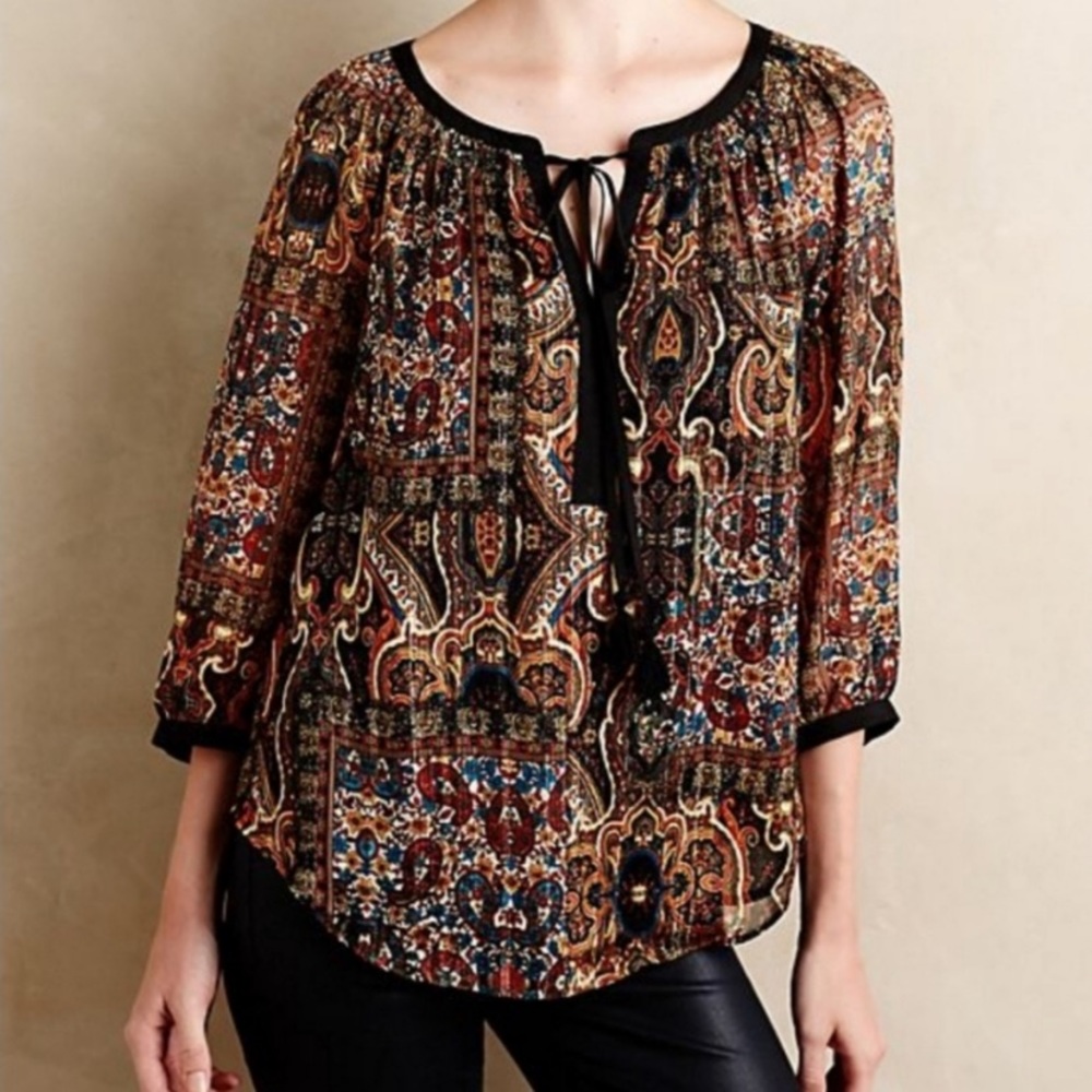 Anthropologie Blouse Meadow Rue Marya Paisley Print Peasant Top Boho Fall Sz XS